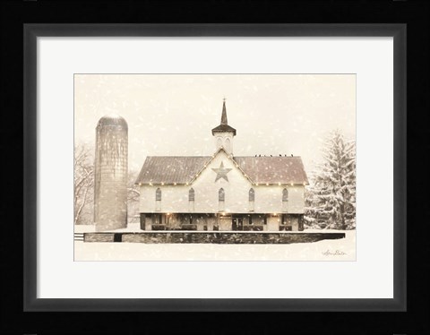 Framed Christmas Star Barn with Lights Print