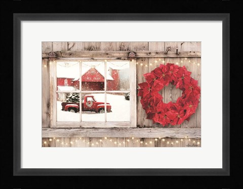 Framed Poinsettia Wreath Window View Print