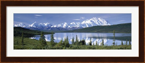 Framed Snow Covered Mountain Range At The Lakeside, Mt Mckinley, Wonder Lake, Alaska Print
