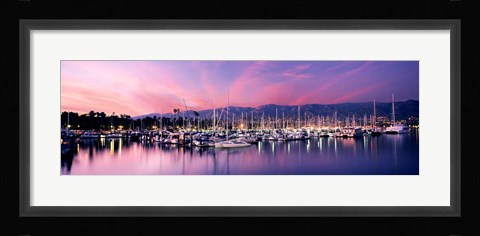 Framed Boats Moored In Harbor At Sunset, Santa Barbara Harbor, California Print