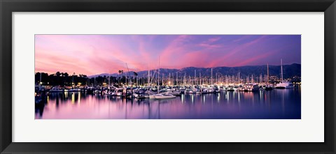 Framed Boats Moored In Harbor At Sunset, Santa Barbara Harbor, California Print