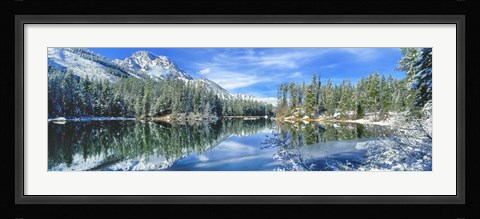Framed Snow Covered Mountain And Trees Reflected In Lake, Grand Tetons, Wyoming Print