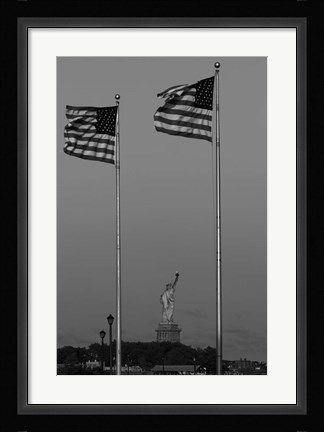 Framed Flags Fly Over Statue Of Liberty, Jersey City, New Jersey Print