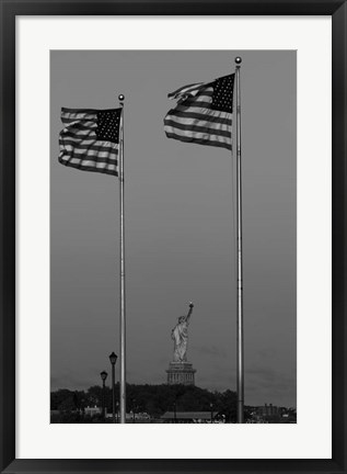 Framed Flags Fly Over Statue Of Liberty, Jersey City, New Jersey Print