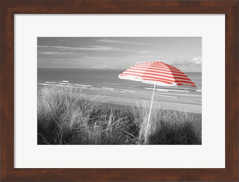 Framed Beach Umbrella On The Beach, Saunton, North Devon, England Print