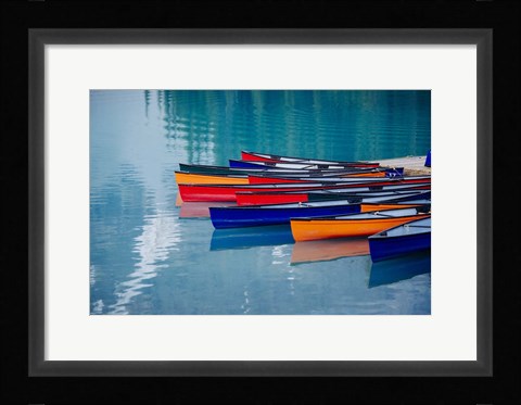 Framed Colorful Rowboats Moored In Calm Lake, Alberta, Canada Print