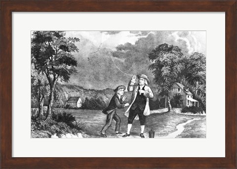 Framed June 1752 Benjamin Franklin Out Flying His Kite In Thunderstorm As An Experiment In Electricity And Lightning Print