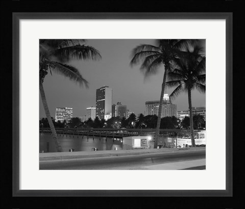 Framed Night View Skyline With Palm Trees Miami Florida Print