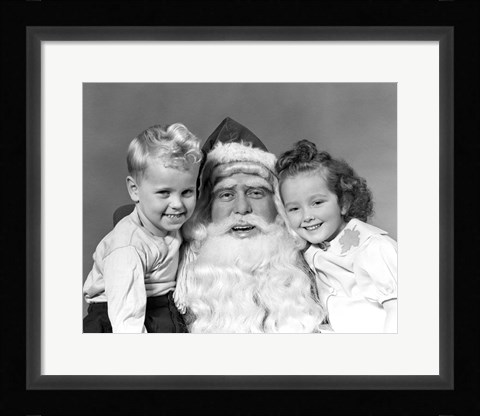 Framed Santa Claus Posing With Young Boy And Girl Print