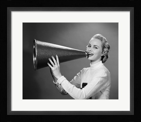Framed Cheerleader Yelling Into Megaphone Print
