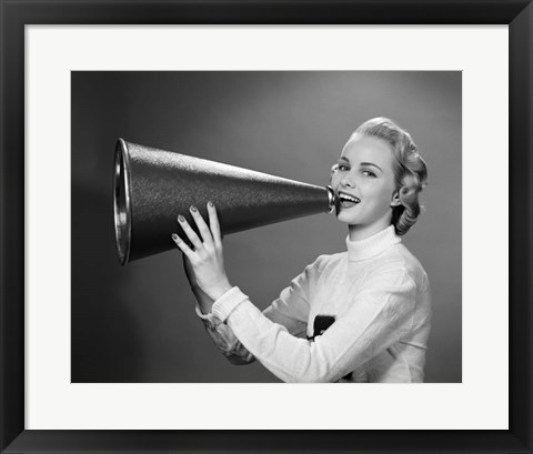 Framed Cheerleader Yelling Into Megaphone Print