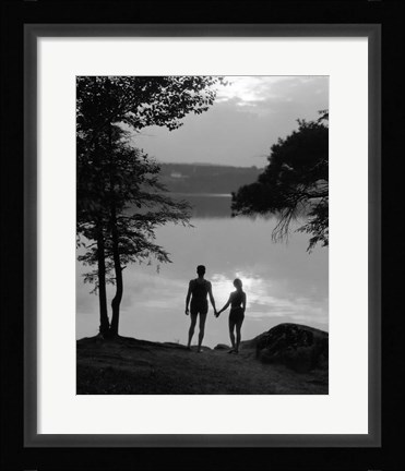 Framed Man And Woman In Bathing Suits Holding Hands Watching Sunset Lakeside Print