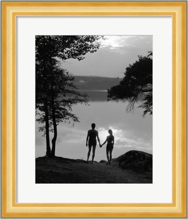 Framed Man And Woman In Bathing Suits Holding Hands Watching Sunset Lakeside Print