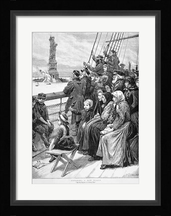 Framed Group Of Arriving Immigrants Huddled On Ship Deck Waving At Statue Of Liberty Print