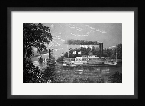 Framed Steamboats Rounding A Bend On Mississippi River Parting Salute Currier &amp; Ives Lithograph 1866 Print