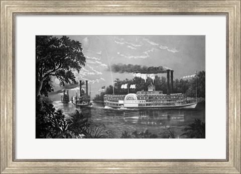 Framed Steamboats Rounding A Bend On Mississippi River Parting Salute Currier &amp; Ives Lithograph 1866 Print