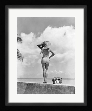 Framed Woman Standing On Tropical Beach Wall Print