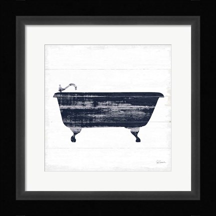 Framed Shiplap Bath I Navy Print