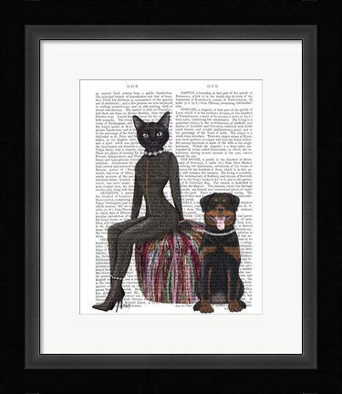 Framed Black Cat and Rottweiler Book Print Print