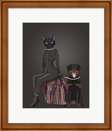 Framed Black Cat and Rottweiler Print