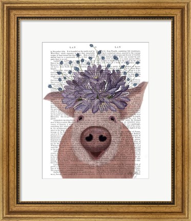 Framed Pig and Lilac Flowers Book Print Print