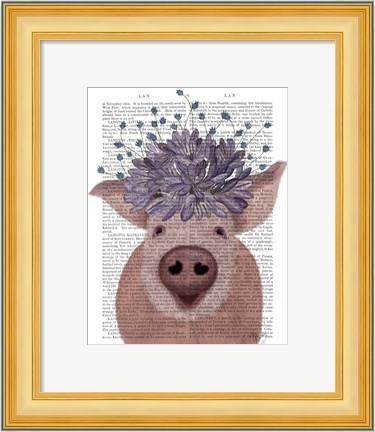 Framed Pig and Lilac Flowers Book Print Print