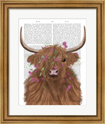 Framed Highland Cow 1, Pink Flowers Book Print Print