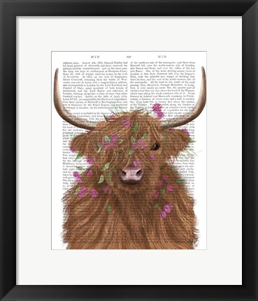 Framed Highland Cow 1, Pink Flowers Book Print Print