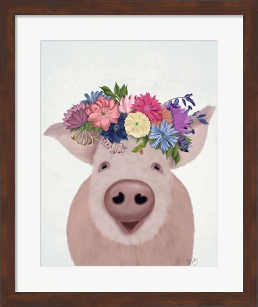 Framed Pig and Flower Crown Print