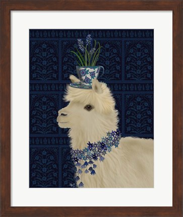 Framed Llama Teacup and Blue Flowers Print