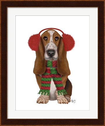Framed Christmas Des - Basset Hound and Ear Muffs Print