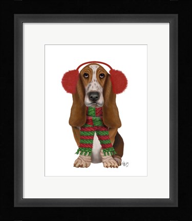 Framed Christmas Des - Basset Hound and Ear Muffs Print