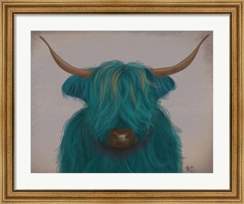 Framed Highland Cow 3, Turquoise, Portrait Print