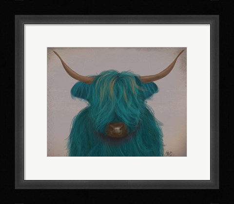 Framed Highland Cow 3, Turquoise, Portrait Print