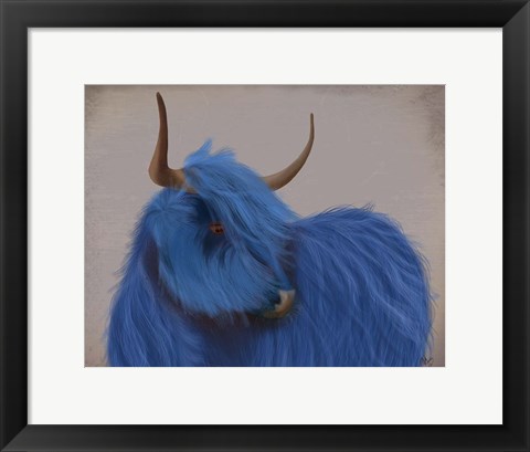 Framed Highland Cow 2, Blue, Portrait Print
