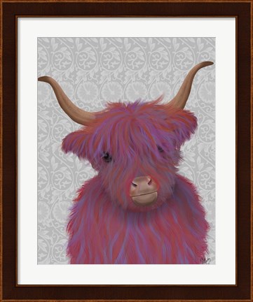 Framed Highland Cow 7, Pink And Purple, Portrait Print