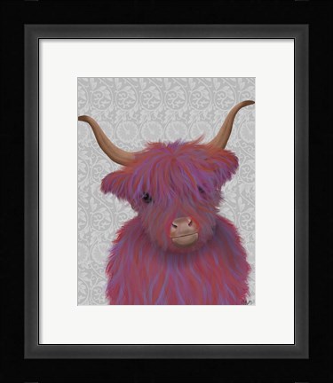 Framed Highland Cow 7, Pink And Purple, Portrait Print