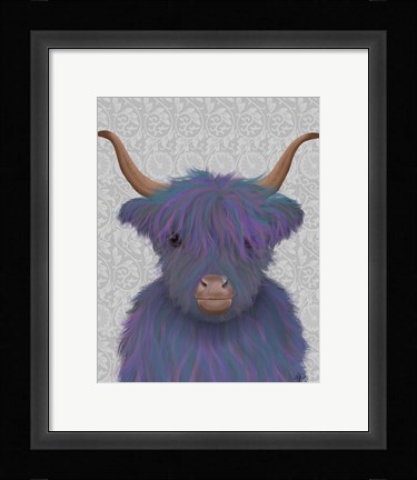 Framed Highland Cow 7, Purple, Portrait Print