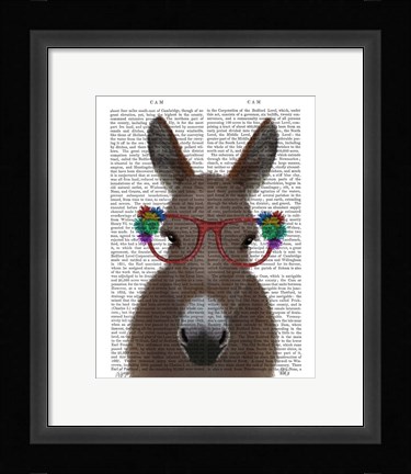 Framed Donkey Red Flower Glasses Book Print Print