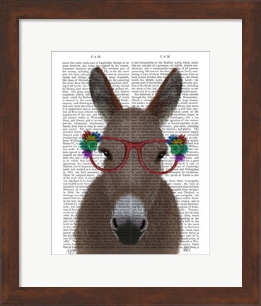 Framed Donkey Red Flower Glasses Book Print Print