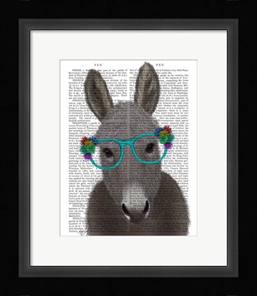 Framed Donkey Turquoise Flower Glasses Book Print Print