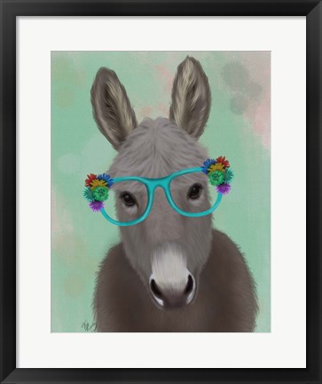 Framed Donkey Turquoise Flower Glasses Print