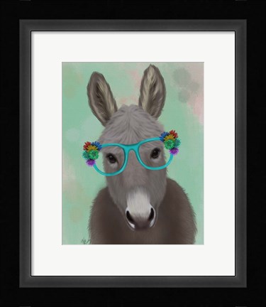 Framed Donkey Turquoise Flower Glasses Print