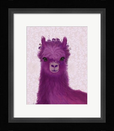 Framed Llama Purple Meadow Flowers Print