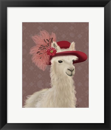 Framed Llama Red Feather Hat Print
