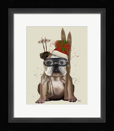 Framed English Bulldog, Skiing Print