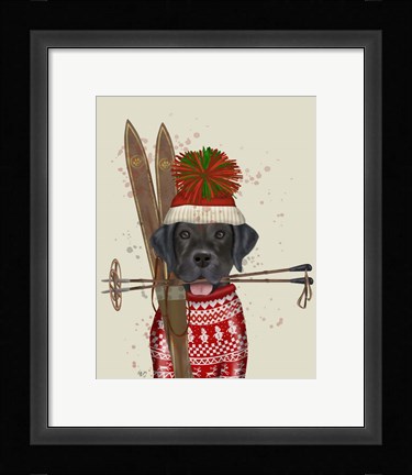 Framed Black Labrador, Skiing Print