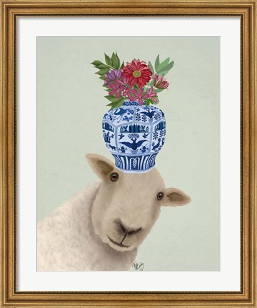 Framed Sheep with Vase of Flowers Print