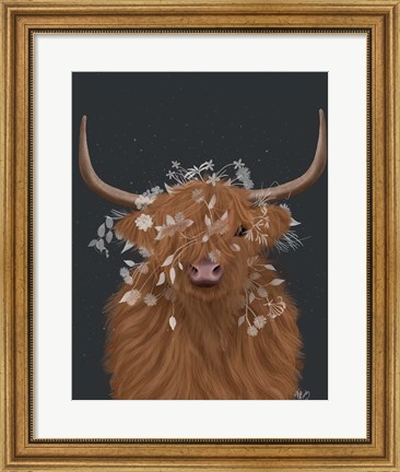 Framed Highland Cow 1, White Flowers Print