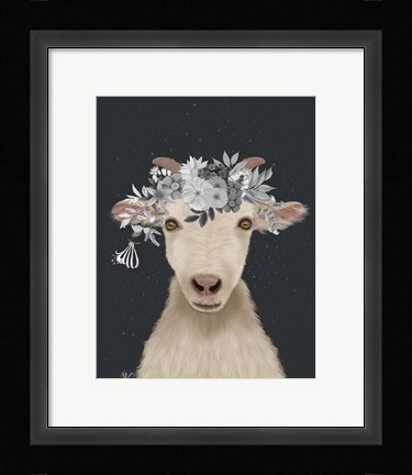 Framed Goat 1, White Flowers Print